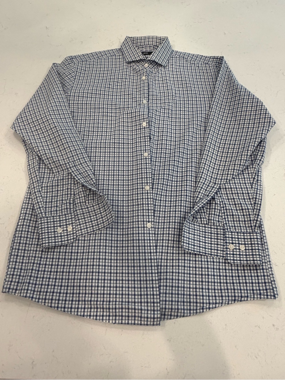 Boss Men's Blue and White Checked Dress Shirt